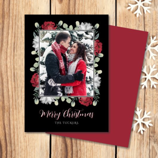 黒写真エレガントのクリスマスに赤い白のフローラ シーズンカード