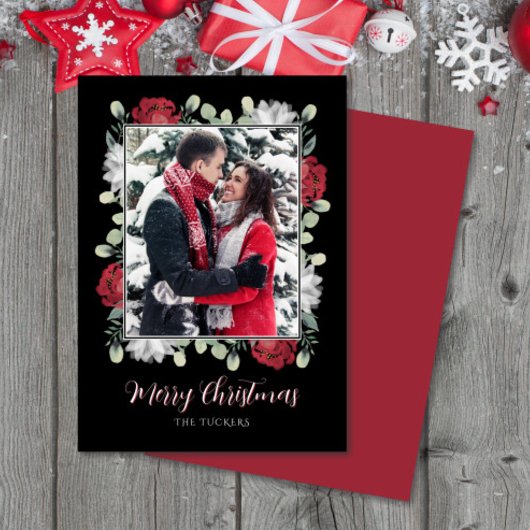 黒写真エレガントのクリスマスに赤い白のフローラ シーズンカード