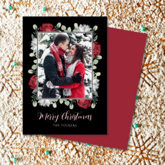 黒写真エレガントのクリスマスに赤い白のフローラ シーズンカード