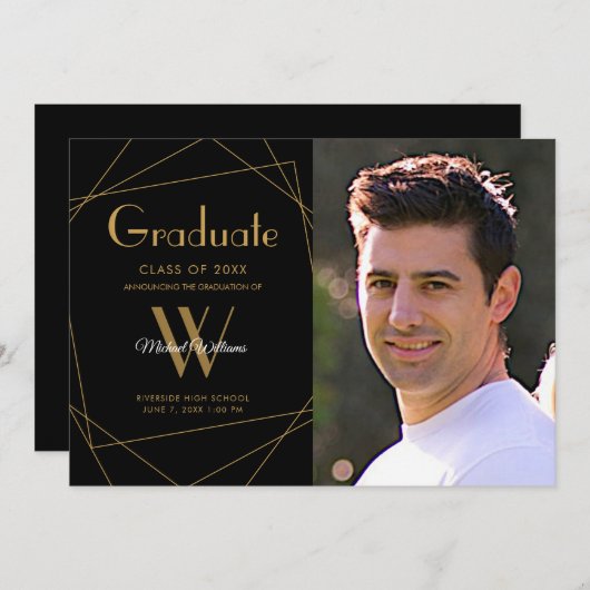 黒写真モダンモノグラム幾何学卒業 案内状 (正面/裏面)