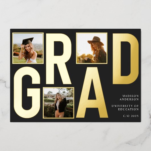 黒写真モダン卒業発表 箔招待状 (正面)