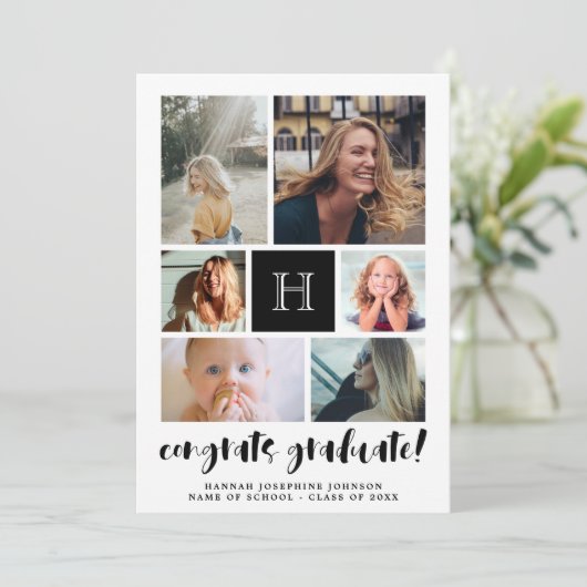 黒写真モノグラムのコラージュおめでとう卒業 案内状 (スタンド正面)