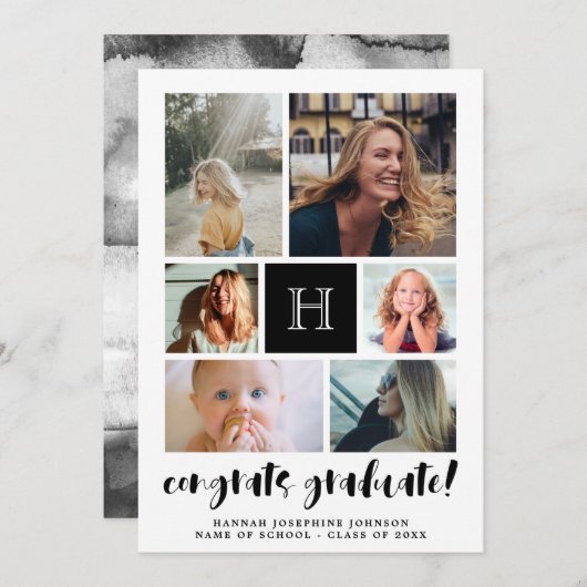 黒写真モノグラムのコラージュおめでとう卒業 案内状 (正面/裏面)