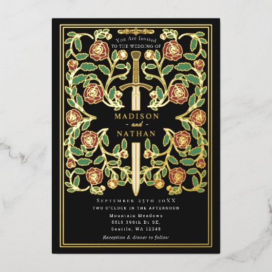 黒剣王室のフローラ中世ファンタジー結婚ズ 箔招待状 (正面)