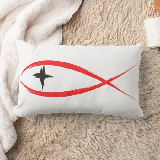 黒十字枕付き赤キリスト教魚 ランバークッション (ブランケット)