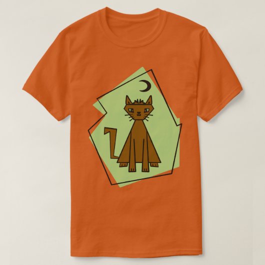 黒半月の幾何学模様のカットネコ Tシャツ (デザイン正面)
