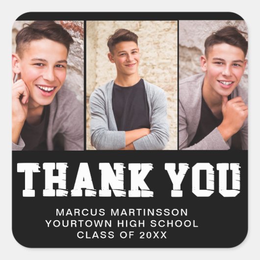 黒卒業3写真ありがとう スクエアシール (正面)
