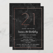 黒及びばら色の金ゴールドは21stth誕生日の招待に大理石模様をつけました 招待状 (正面/裏面)
