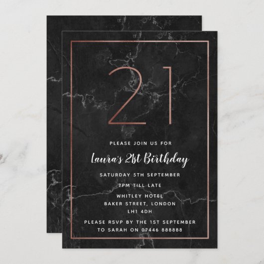 黒及びばら色の金ゴールドは21stth誕生日の招待に大理石模様をつけました 招待状 (正面/裏面)