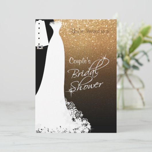 黒及び金ゴールドのグリッターのカップルのブライダルシャワー 招待状 (スタンド正面)