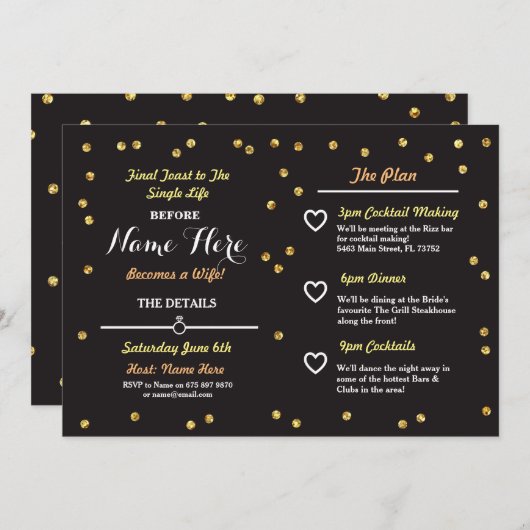 黒及び金ゴールドのグリッターのバチェロレッテの旅程の招待 招待状 (正面/裏面)