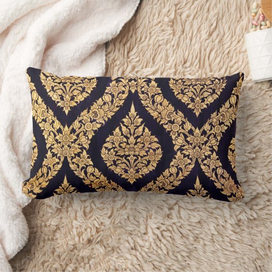 黒及び金ゴールドのダマスク織の伝統的でコンテンポラリーなプリント ランバークッション (ブランケット)