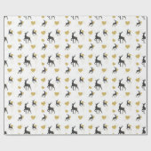 黒及び金ゴールドのトナカイ、金ゴールドのハート及び点のクリスマス ラッピングペーパー (フラット)