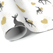 黒及び金ゴールドのトナカイ、金ゴールドのハート及び点のクリスマス ラッピングペーパー (ロールコーナー)