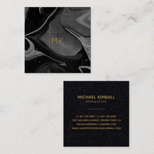 黒及び金ゴールドのモノグラム|の大理石の正方形ビジネス スクエア名刺 (正面/裏面)