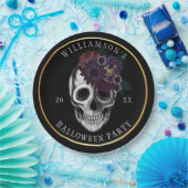 黒及び金ゴールドの不機嫌な花のハロウィンのスカルのパーティー ペーパープレート (パーティー)