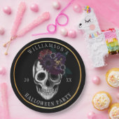 黒及び金ゴールドの不機嫌な花のハロウィンのスカルのパーティー ペーパープレート (パーティー)