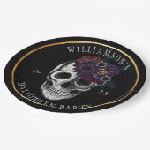 黒及び金ゴールドの不機嫌な花のハロウィンのスカルのパーティー ペーパープレート (アングル)