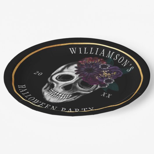 黒及び金ゴールドの不機嫌な花のハロウィンのスカルのパーティー ペーパープレート (アングル)