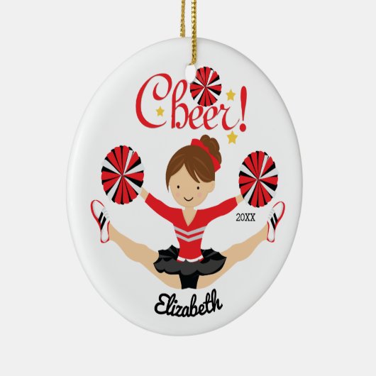 黒及び金ゴールドの応援の黒い髪のチアリーダーのオーナメント セラミックオーナメント (右)