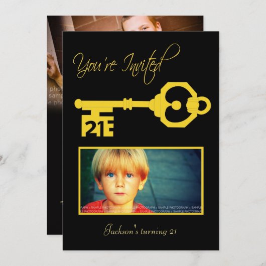 黒及び金ゴールドの第21誕生会の鍵の招待状 招待状 (正面/裏面)