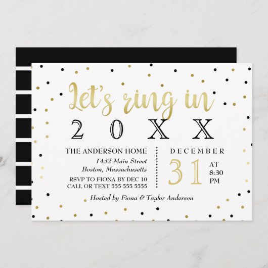 黒及び金ゴールドの紙吹雪の新年のパーティー 招待状 (正面/裏面)