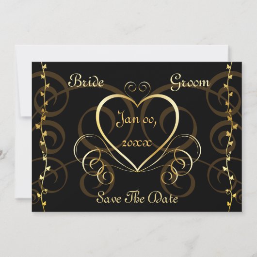 黒及び金ゴールドの結婚式招待状 セーブザデート (正面)