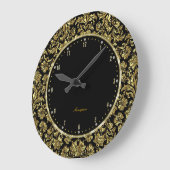 黒及び金ゴールドの花のダマスク織のモノグラム ラージ壁時計 (傾斜)