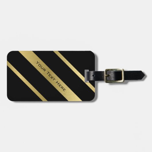黒及び金ゴールドの革バンドが付いているストライプな荷物のラベル ラゲッジタグ (正面横)