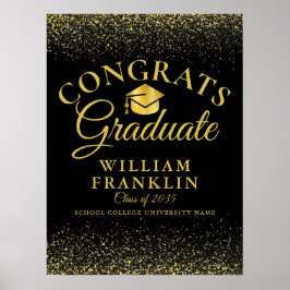 黒及び金ゴールドグリッターモダンの卒業サイン ポスター