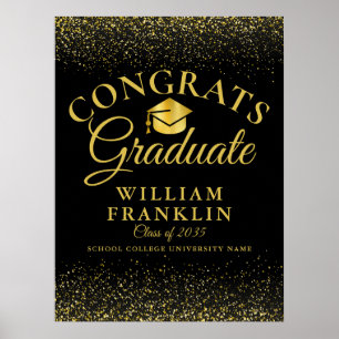 黒及び金ゴールドグリッターモダンの卒業サイン ポスター