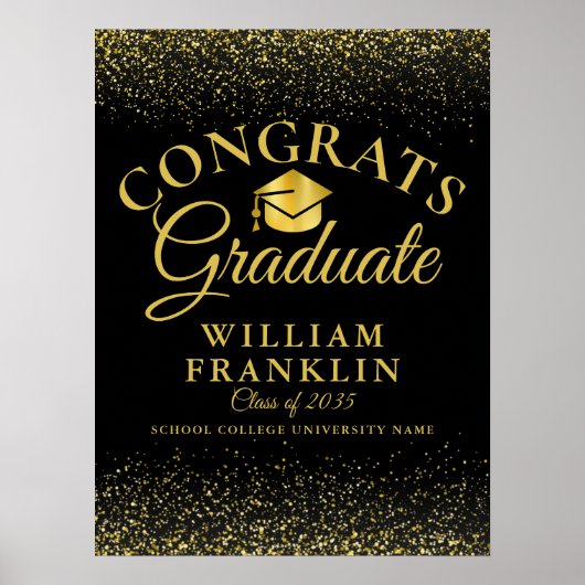 黒及び金ゴールドグリッターモダンの卒業サイン ポスター (正面)