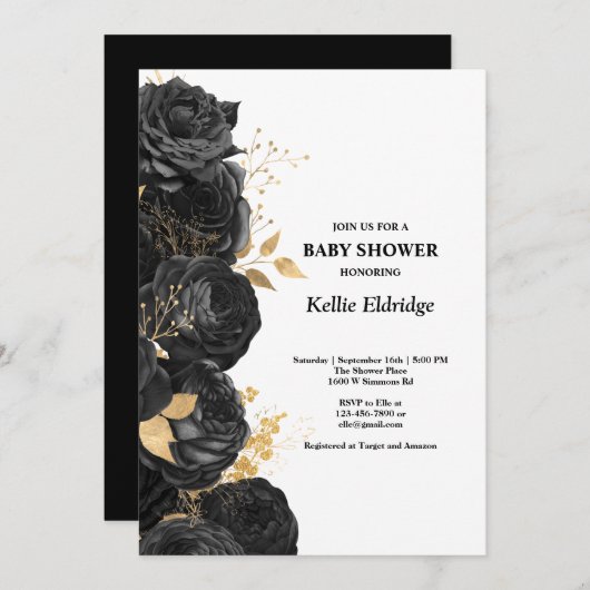 黒及び金ゴールドフローラベビーシャワー招待状 招待状 (正面/裏面)