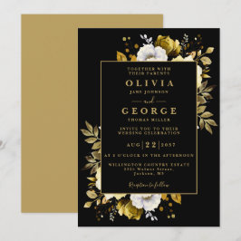 黒及び金ゴールドフローラ植物学結婚モダン院 招待状