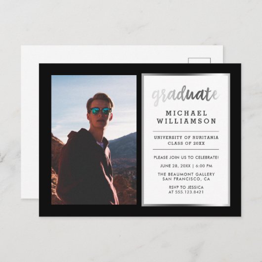 黒及び銀の大学院の写真の卒業パーティー インビテーションポストカード (正面/裏面)