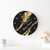 黒及びgold fleur de lys ラージ壁時計 (ホーム)