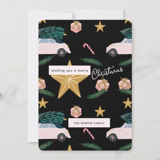 黒図解入りの、写真付きのピンクのクリスマスツリー車の休日 シーズンカード (正面)