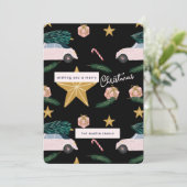 黒図解入りの、写真付きのピンクのクリスマスツリー車の休日 シーズンカード (スタンド正面)