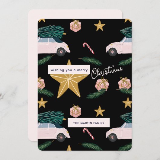 黒図解入りの、写真付きのピンクのクリスマスツリー車の休日 シーズンカード (正面/裏面)