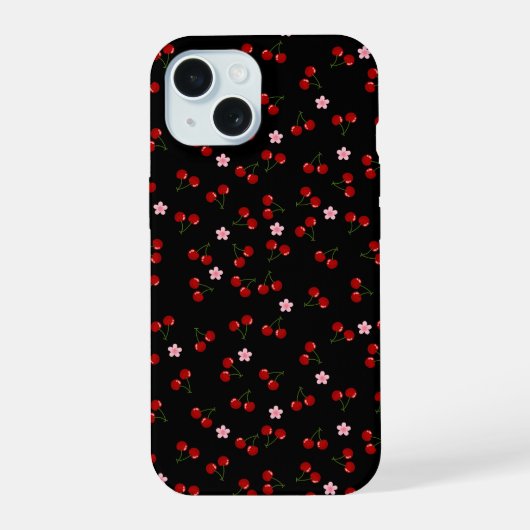 黒地にさくらんぼ模様 iPhone 15ケース (裏面)