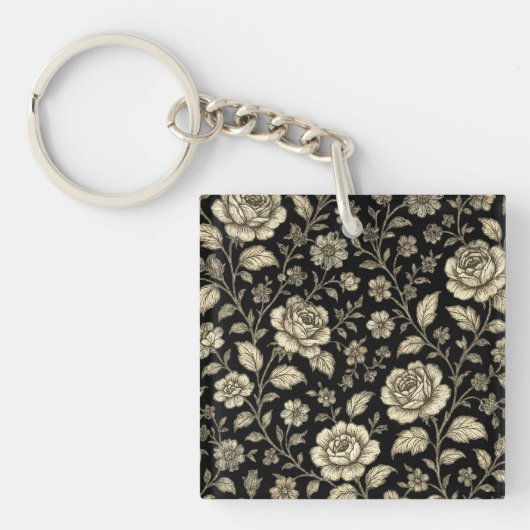 黒地にアンティークゴールドのバラの花模様 キーホルダー (正面)