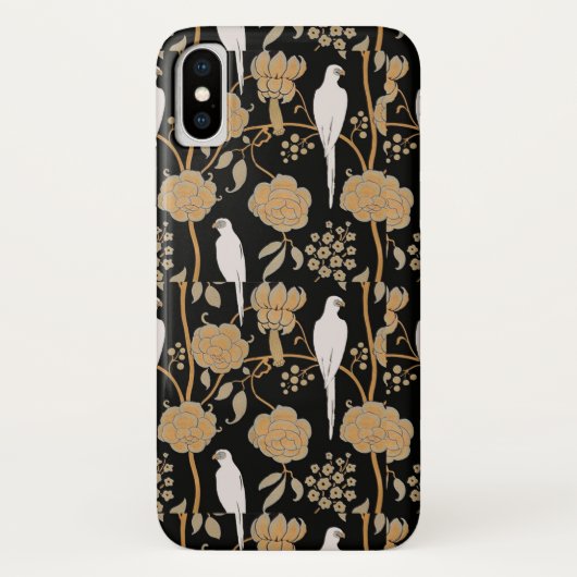 黒地にアールデコ調の茶色の花と白いオウム Case-Mate iPhoneケース (裏面)