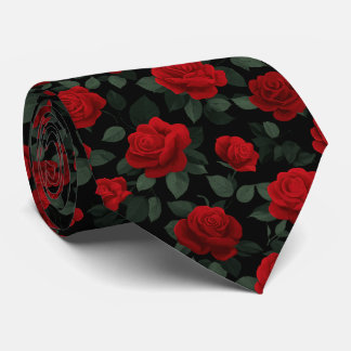 黒地にエレガントな赤バラのシームレスフラワーパターン ネクタイ