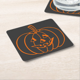 黒地にオレンジ色のジャック・オ・ランタン・パンプキンのアウトライン スクエアペーパーコースター