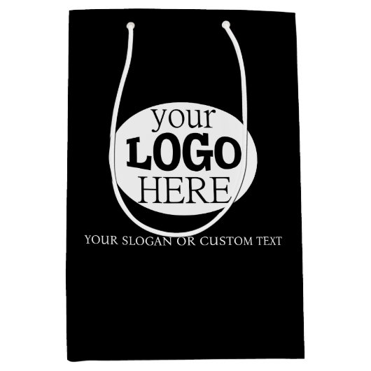 黒地にカスタムロゴとテキスト ミディアムペーパーバッグ (正面)