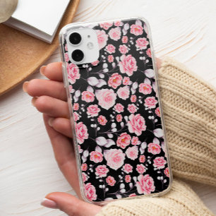 黒地にクラシカルでおしゃれなピンクの花柄 iPhone 13 PRO MAXケース