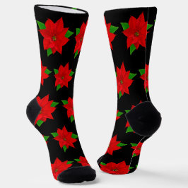 黒地にクリスマスポインセチアの花 ソックス