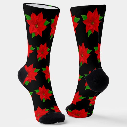 黒地にクリスマスポインセチアの花 ソックス (傾斜あり)