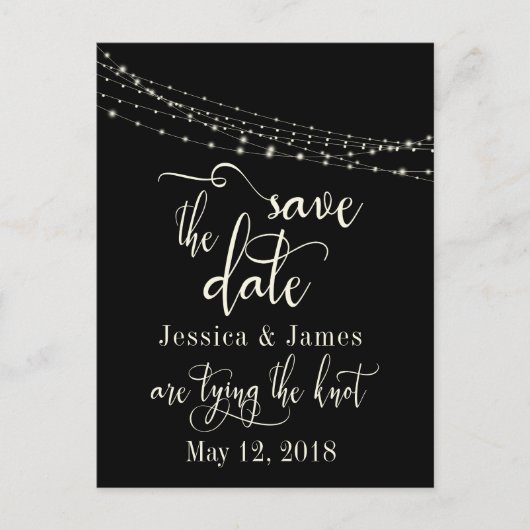 黒地にクリーム色の文字とイルミネーションのSave the Date 案内ポストカード (正面)
