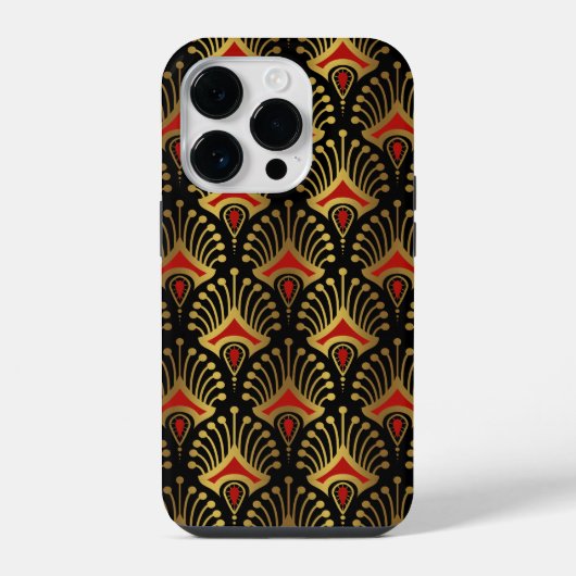 黒地にゴールドと赤のアールデコ調パターン iPhoneケース (裏面)